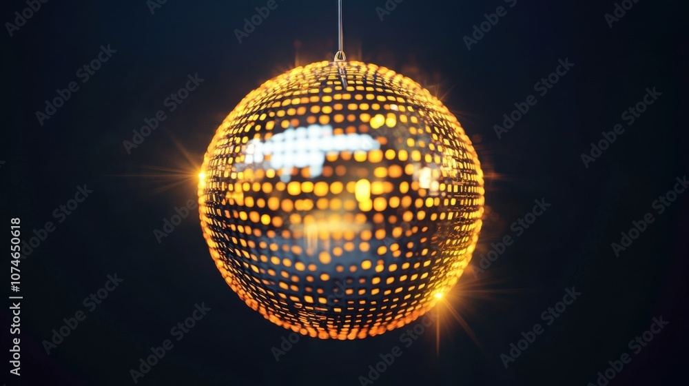 Obraz premium A sparkling golden disco ball reflecting vibrant lights against a dark background.