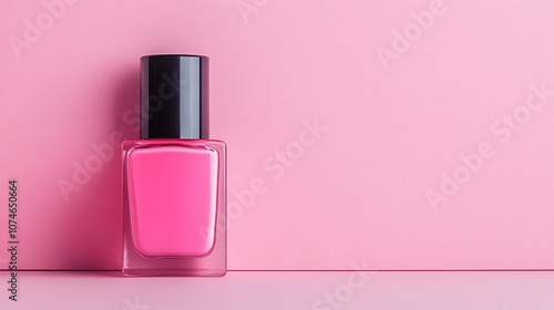 A single bottle of pink nail polish on a pink background.