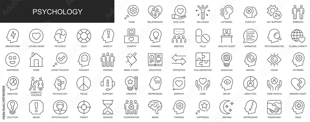 Psychology web icons set in thin line design. Pack of relationship, love, influence, listening, support, brainstorm, anxiety, charity, meeting, other outline stroke pictograms. Illustration. Psychology web icons set in thin line design. Pack of relationship, love, influence, listening, support, brainstorm, anxiety, charity, meeting, other outline stroke pictograms. Illustration.