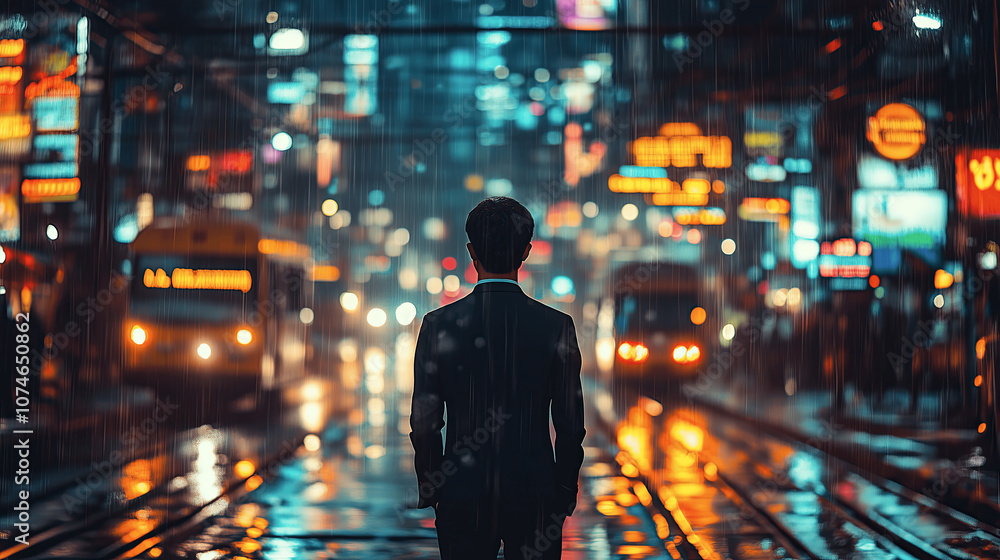 A businessman stands in the rain gazing at a vibrant cityscape illuminated by neon lights A businessman stands in the rain gazing at a vibrant cityscape illuminated by neon lights