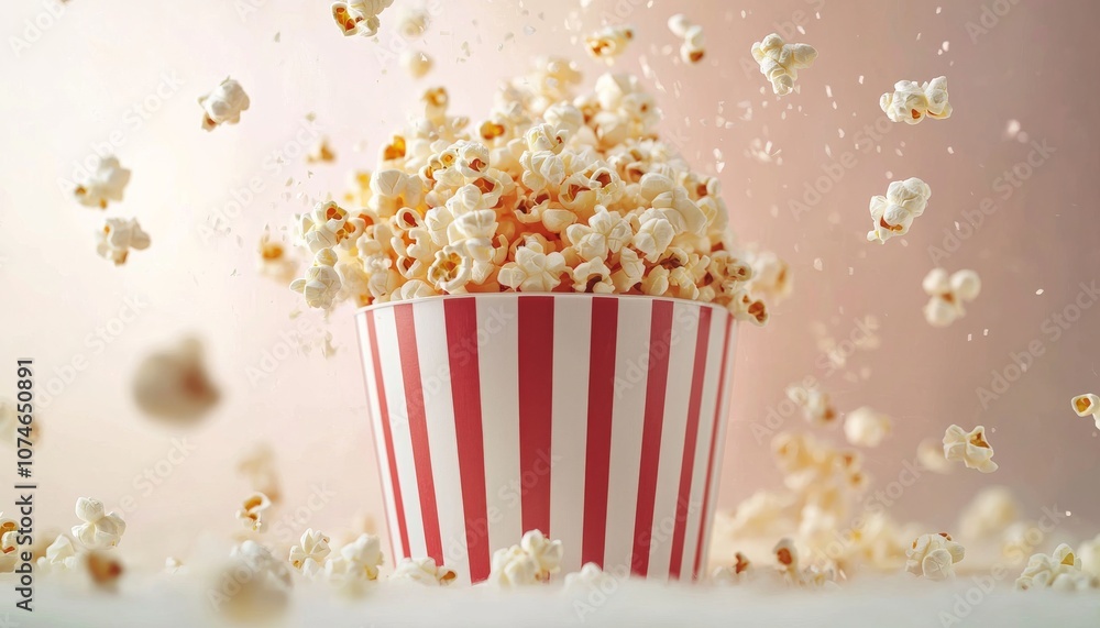 A vibrant image of a striped bucket overflowing with popcorn, with kernels flying around, evoking a fun and festive mood suitable for movie time. A vibrant image of a striped bucket overflowing with popcorn, with kernels flying around, evoking a fun and festive mood suitable for movie time.
