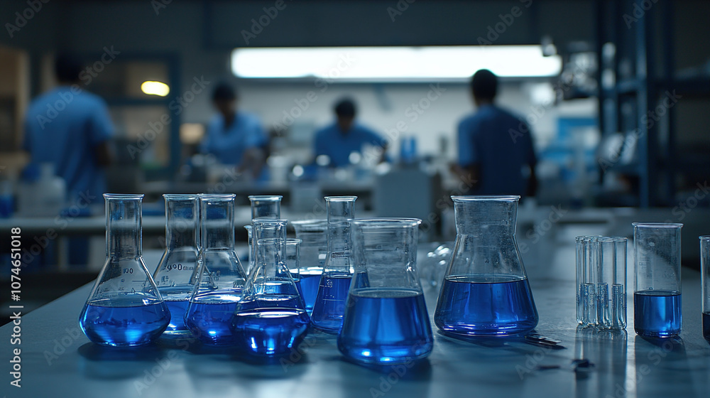 Scientists conducting experiments with beakers and test tubes in a lab, blurred figures in the background engaged in research. Scientists conducting experiments with beakers and test tubes in a lab, blurred figures in the background engaged in research.