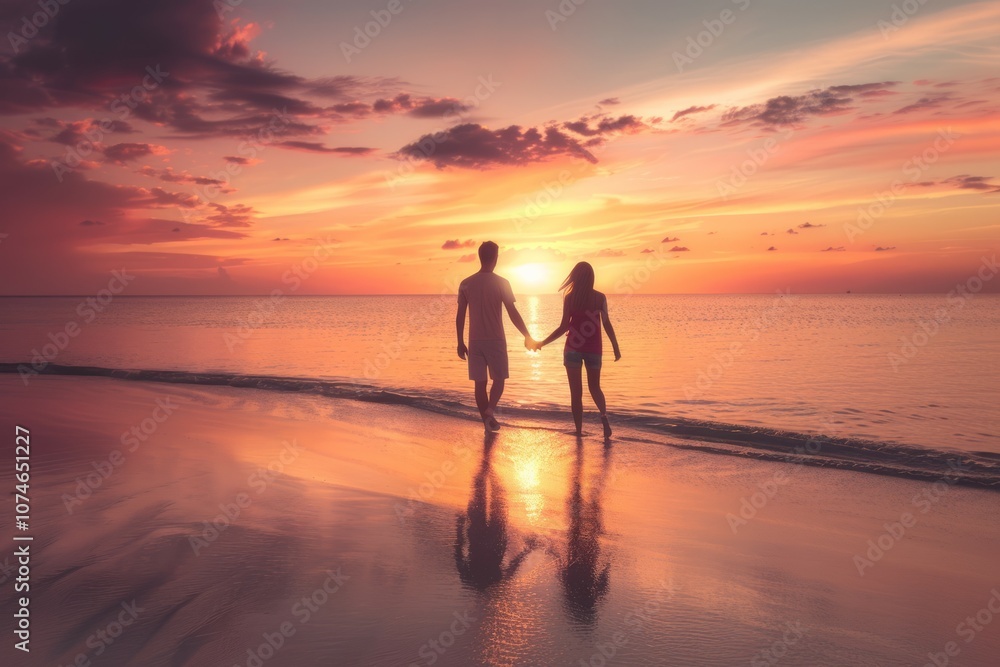 Honeymoon couple romantic in love at beach sunset. Newlywed happy young couple. Neural network ai generated art Honeymoon couple romantic in love at beach sunset. Newlywed happy young couple. Neural network ai generated art