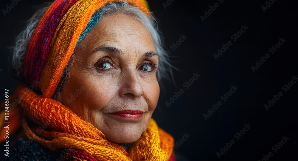 An older woman with silver hair, gently styled and tucked beneath a colorful, patterned headscarf. An older woman with silver hair, gently styled and tucked beneath a colorful, patterned headscarf.