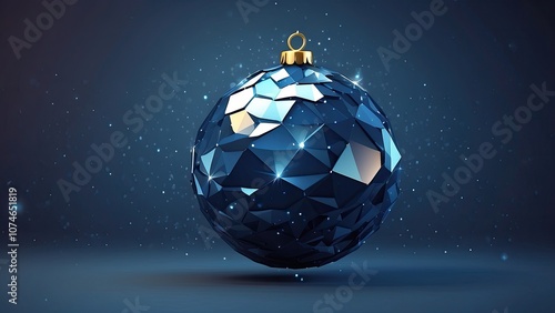 Low poly Christmas tree ball decoration. A greeting card with a template for modern, futuristic technologies. background of dark blue. dazzling, glittering 3D depiction of a sphere Happy New Year bann photo