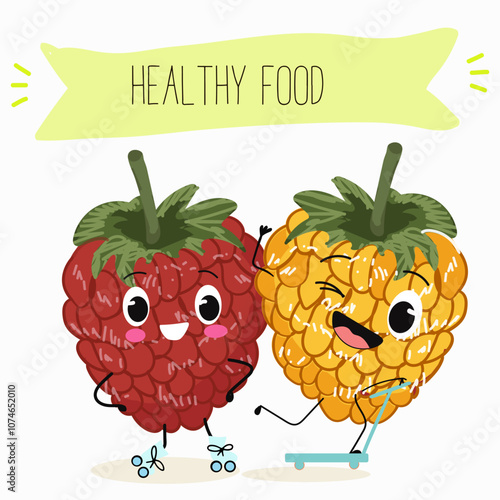 Cute raspberry characters, funny berries, activities, leisure. Hand drawn vector illustration. Organic food, healthy, for kids menu, flyer, advertisement, wrap, label, invitation.
