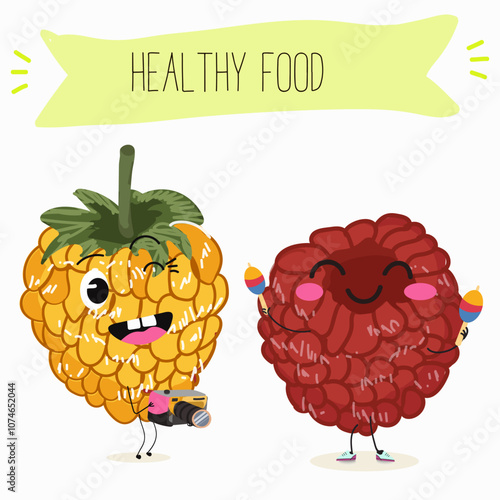 Cute raspberry characters, funny berries, activities, leisure. Hand drawn vector illustration. Organic food, healthy, for kids menu, flyer, advertisement, wrap, label, invitation.