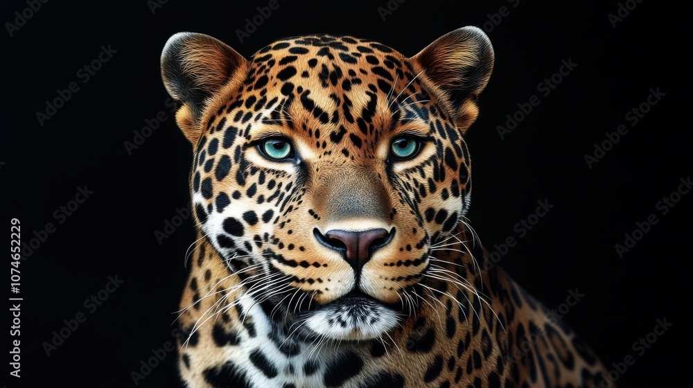 Obraz premium Close-up of a majestic leopard with striking blue eyes and a detailed coat against a dark background.