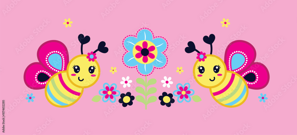 Cute vector illustration of a bee flying near a colorful flower in a vibrant garden setting.
Cute vector illustration of a bee flying near a colorful flower in a vibrant garden setting.