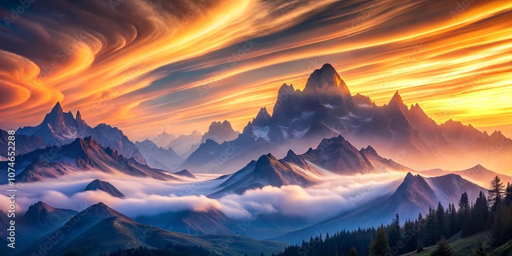 Serene Mountain Range Bathed in Golden Sunset Hues, With Wispy Clouds Dancing Over Majestic Peaks Serene Mountain Range Bathed in Golden Sunset Hues, With Wispy Clouds Dancing Over Majestic Peaks