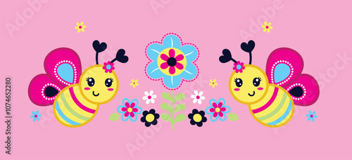 Cute vector illustration of a bee flying near a colorful flower in a vibrant garden setting. 