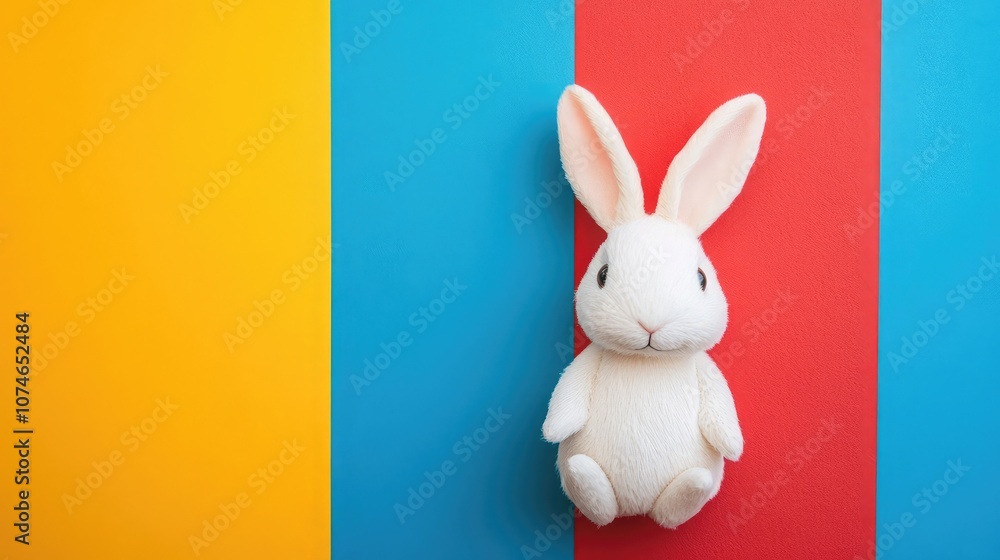 Obraz premium A white plush bunny sits against a colorful background of yellow, blue, and red.