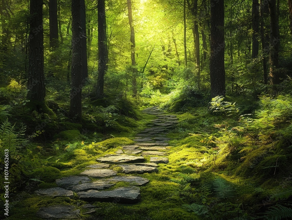 Obraz premium Enchanting Moss Covered Stone Path Through Lush Temperate Forest Landscape