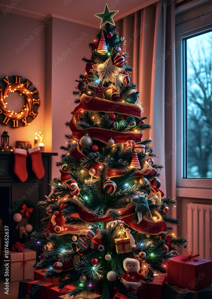 Fototapeta premium A picturesque Christmas tree in the room, decorated with shining toys and lights.