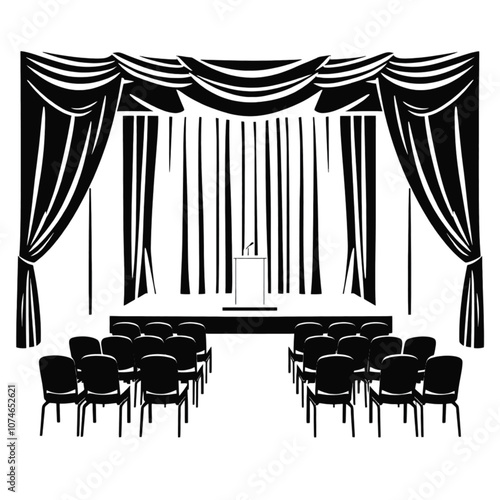 a black and white illustration of a stage with a curtain