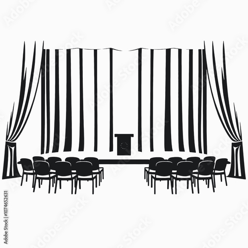 a black and white illustration of a stage with a curtain