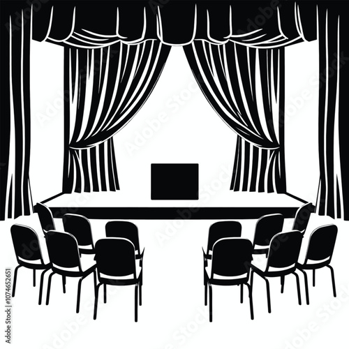 a black and white illustration of a stage with a curtain