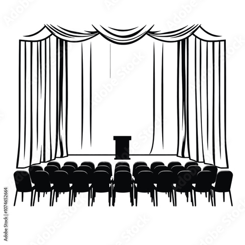 a black and white illustration of a stage with a curtain