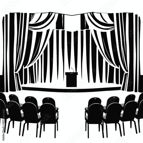 a black and white illustration of a stage with a curtain