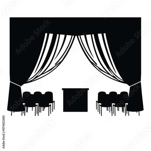 a black and white illustration of a stage with a curtain
