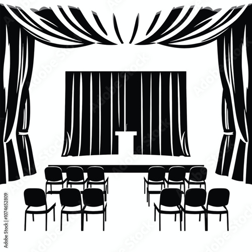 a black and white illustration of a stage with a curtain