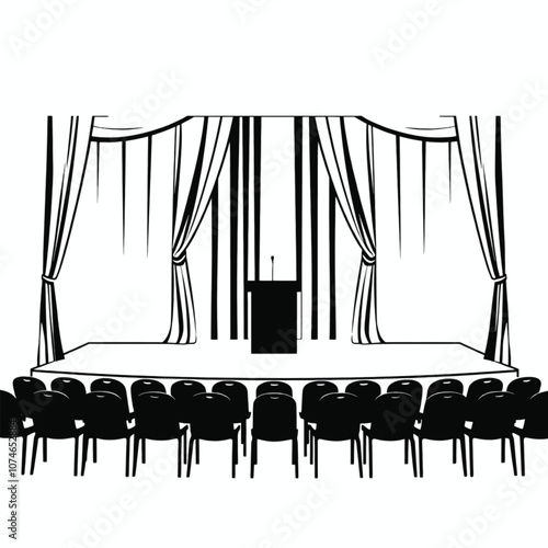 a black and white illustration of a stage with a curtain