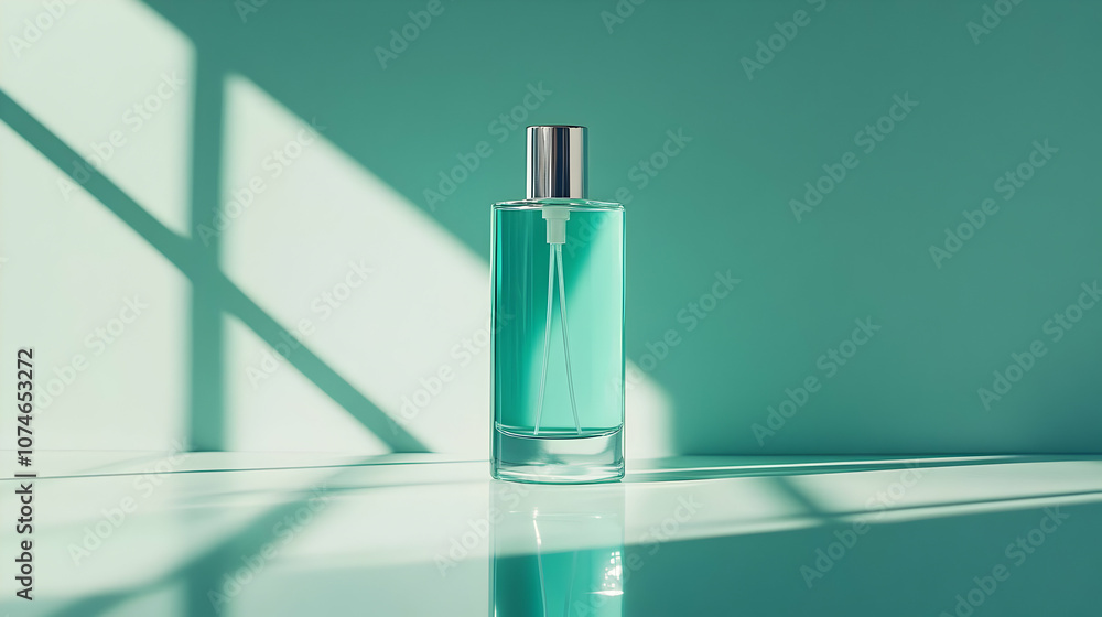 Green Glass Bottle with Silver Cap on Mint Green Background - Product Photography Green Glass Bottle with Silver Cap on Mint Green Background - Product Photography
