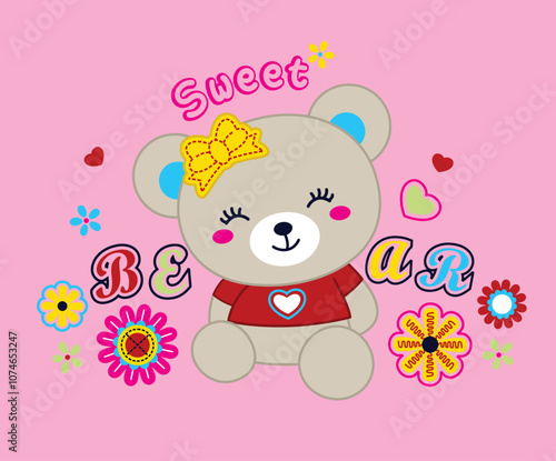 Vector illustration of cute bear with beautiful flowers
