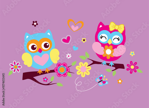 Charming owl vector illustration with colorful flowers and tiny insects in a whimsical, nature-themed design.
 photo