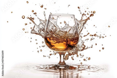 A glass of amber liquid splashes dramatically, creating a dynamic and refreshing visual effect against a white background.