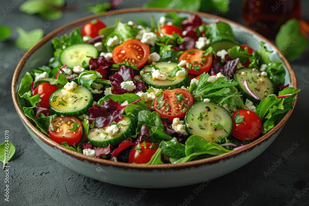 Fresh Green Salad with Cherry Tomatoes, Cucumber, and Feta Cheese Fresh Green Salad with Cherry Tomatoes, Cucumber, and Feta Cheese