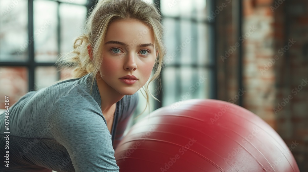 Woman in gymwear exercises with a red fitness ball, focused and determined. Woman in gymwear exercises with a red fitness ball, focused and determined.
