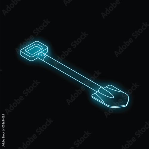 Neon shovel glowing with blue light on a black background