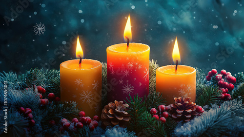 Abstract Christmas background with a glowing Advent candle, symbolizing warmth and holiday spirit