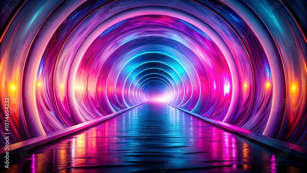 Abstract Neon Tunnel with Glowing Circular Lights and Reflective Floor Abstract Neon Tunnel with Glowing Circular Lights and Reflective Floor
