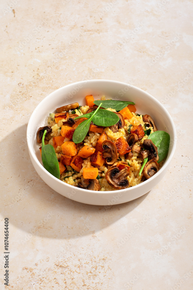 A vegan risotto with roasted pumpkin, mushrooms, and fresh spinach served in a white bowl on a light background A vegan risotto with roasted pumpkin, mushrooms, and fresh spinach served in a white bowl on a light background