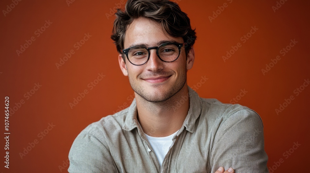 Young man in glasses smiling at the camera with arms folded on a solid color background, confident headshot Young man in glasses smiling at the camera with arms folded on a solid color background, confident headshot