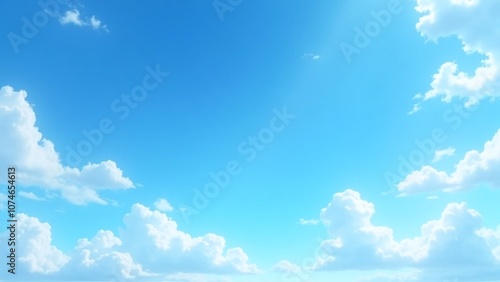 Clear blue sky with fluffy white clouds scene, sky-serene and clouds-scattered