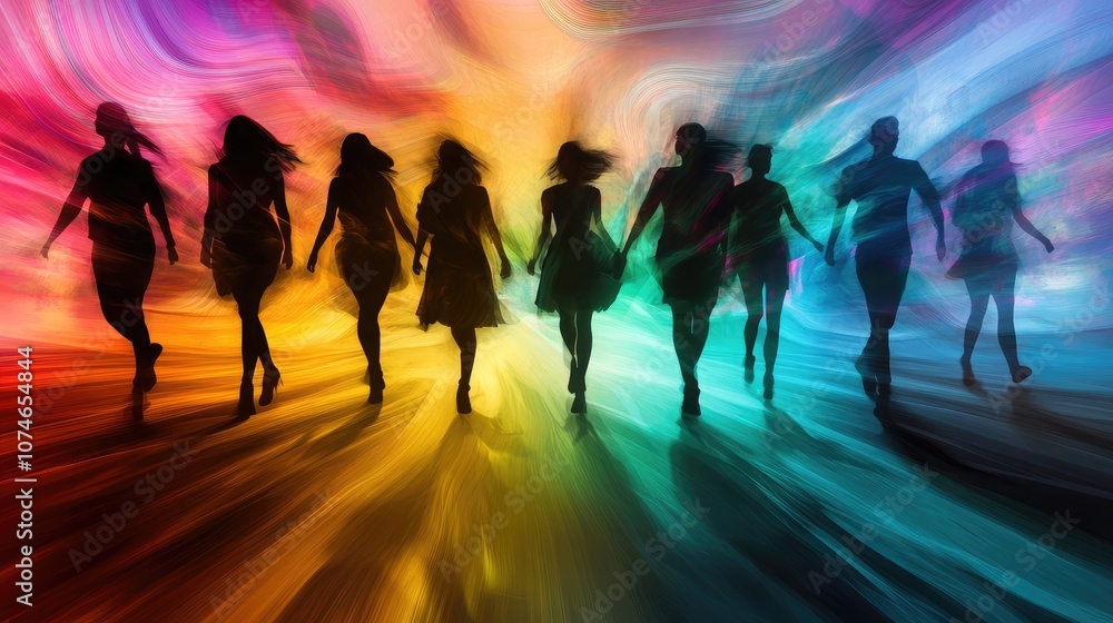 Silhouettes of people walking towards a vibrant, colorful, and abstract light source, creating a surreal and mystical atmosphere. Silhouettes of people walking towards a vibrant, colorful, and abstract light source, creating a surreal and mystical atmosphere.