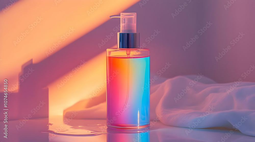 Glass Bottle of Liquid with a Pump Dispenser on a White Surface with a Pink Background - Illustration Glass Bottle of Liquid with a Pump Dispenser on a White Surface with a Pink Background - Illustration