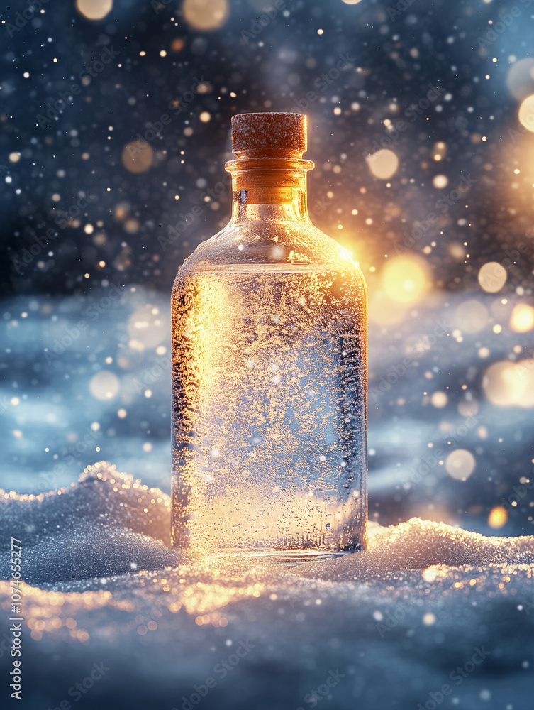 Elegant little golden bottle resting on the snow amidst glowing snowflakes. Elegant little golden bottle resting on the snow amidst glowing snowflakes.