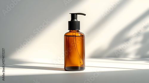 Wallpaper Mural Amber Glass Bottle with Pump Dispenser on White Background with Light Shadows - Realistic Product Photography Torontodigital.ca