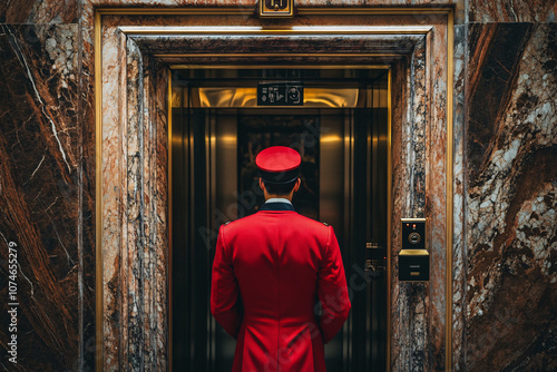 a hotel bellhop in a red uniform waits in front of an elevator with elegant marble walls creating a classic luxurious ambiance
