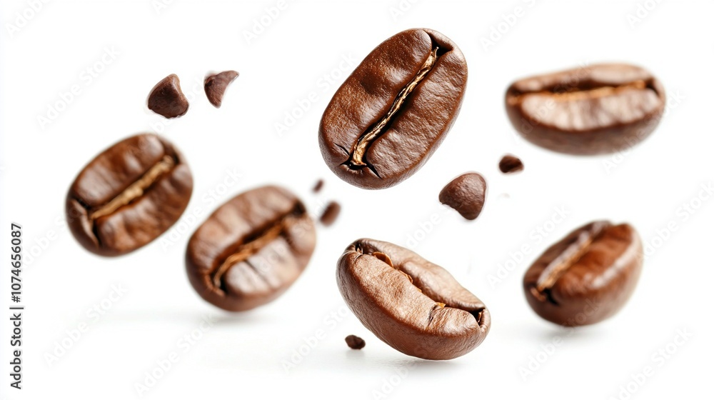 Fliegende geröstete Kaffeebohnen auf weißem Hintergrund Fliegende geröstete Kaffeebohnen auf weißem Hintergrund