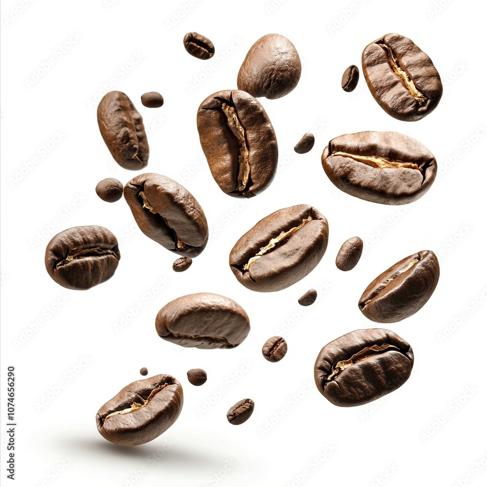 Fototapeta premium Fliegende geröstete Kaffeebohnen auf weißem Hintergrund 