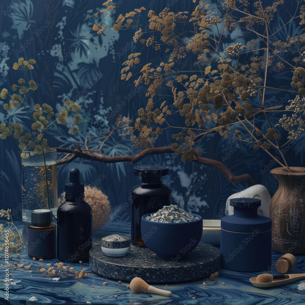 Obraz premium Stylish blue jars and herbs in rustic, artistic setup.