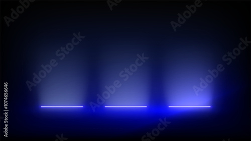 Studio interior, stage with neon, led lighting. Background. Modern blue black interior with light. Backdrop for mounting, product placement. Design element. Vector background, template, mockup