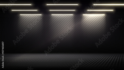 Studio interior with carbon fiber texture. Modern carbon fiber textured black interior with light. Dark background for mounting, product placement. Vector mockup, background, template
