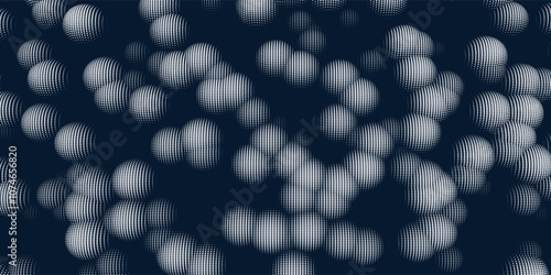 Abstract background chaotic spheres from white dots on blue. Dotted concept with texturing effect. Banner for business, science and technology data analytics.