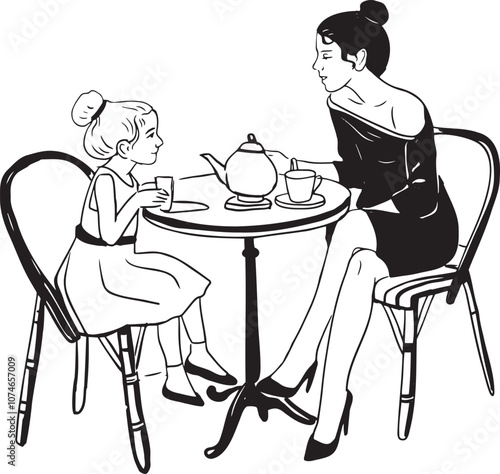 Mom Daughter Cafe Linear Sketch